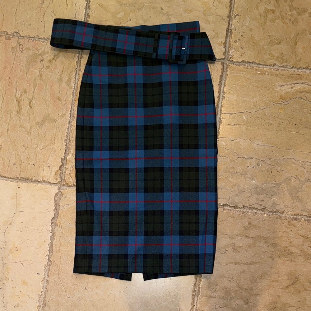 Zara Blue and Black Plaid Pencil Skirt with Belt